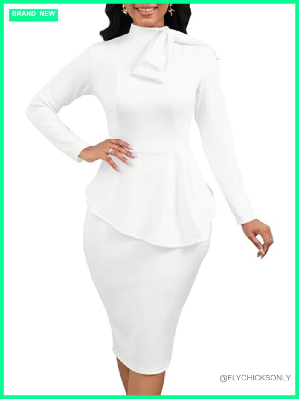 Formal Bodycon Peplum Cocktail Dress Long Sleeve Ruffle Midi